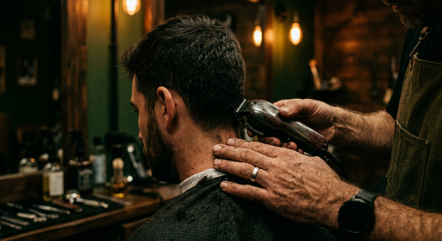 Barbero recortando el cabello de un cliente con máquina, luz cálida