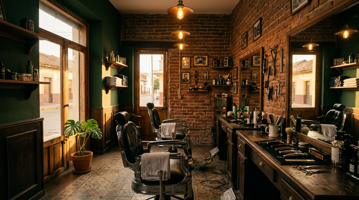 Interior cálido de una barbería, con sillones de cuero y luz dorada